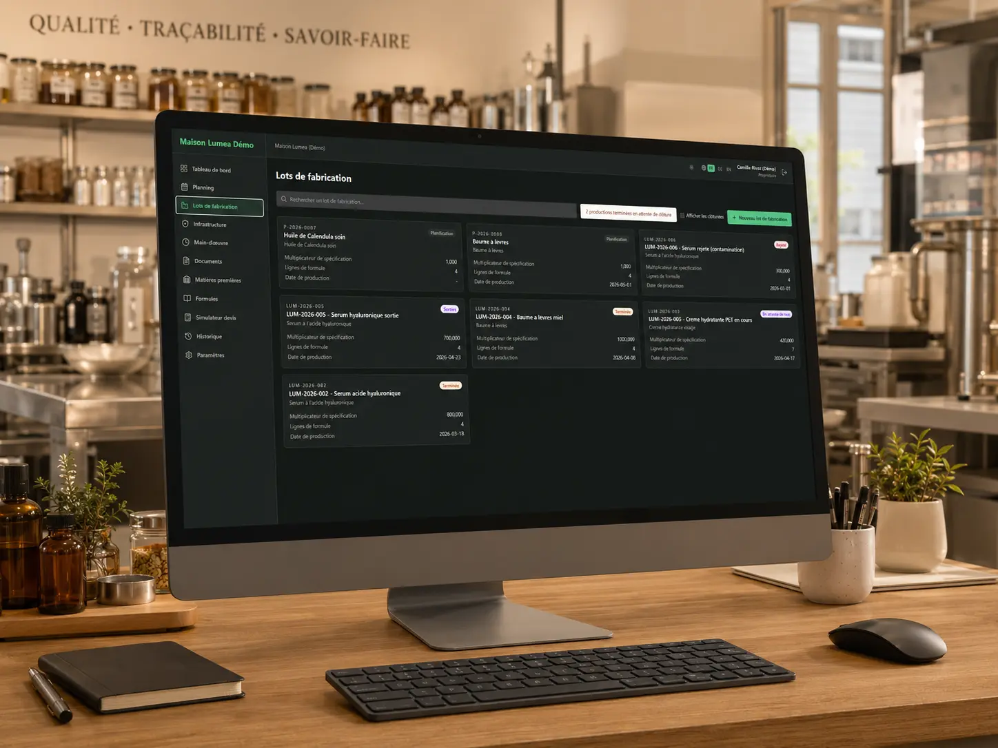 AtelierOS Dashboard — Production sheet, stock reduction and auditor space